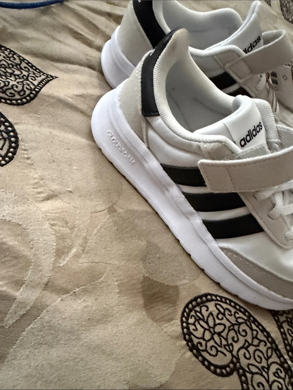 adidas Kids White and Black Velcro Sneakers with Suede Accents